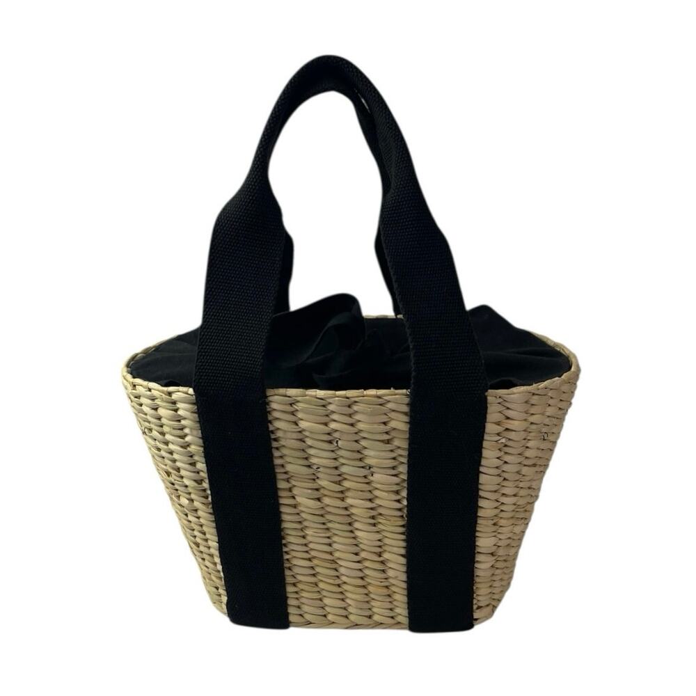 NEW LOFT Tan Black Woven Straw Canvas Straps Basket Tote Handbag One Size